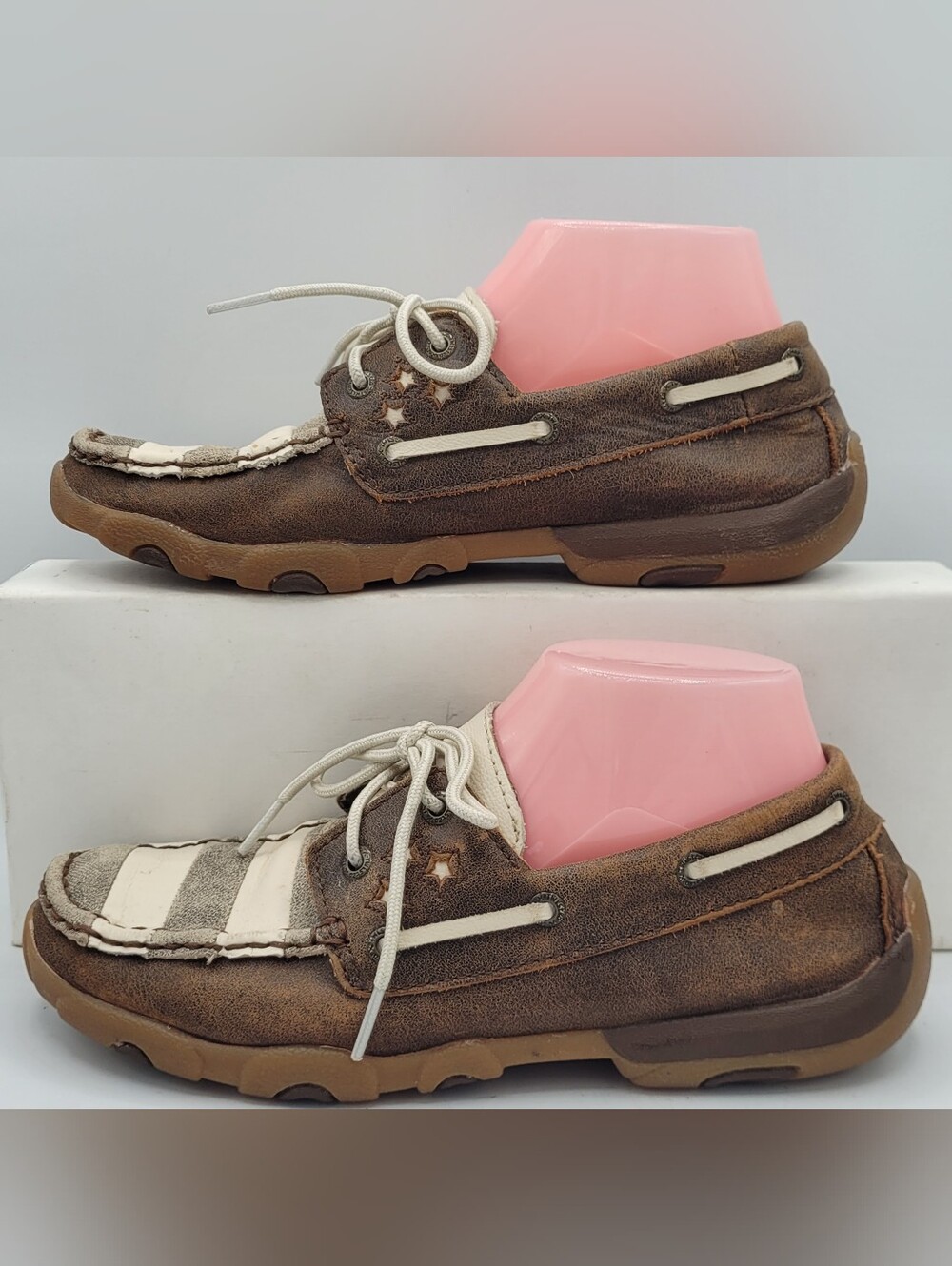 Twisted X Driving Mocs in a brown and white "Stars and Stripes" pattern Size 7.5